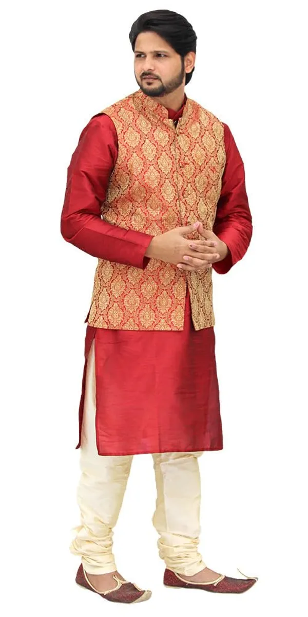 Red_&_Maroon_Dupion_Silk_Casual_Kurta_Pajama_with__Jacket_For_Men