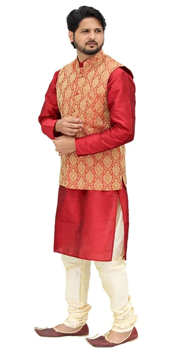 Red_&_Maroon_Dupion_Silk_Casual_Kurta_Pajama_with__Jacket_For_Men