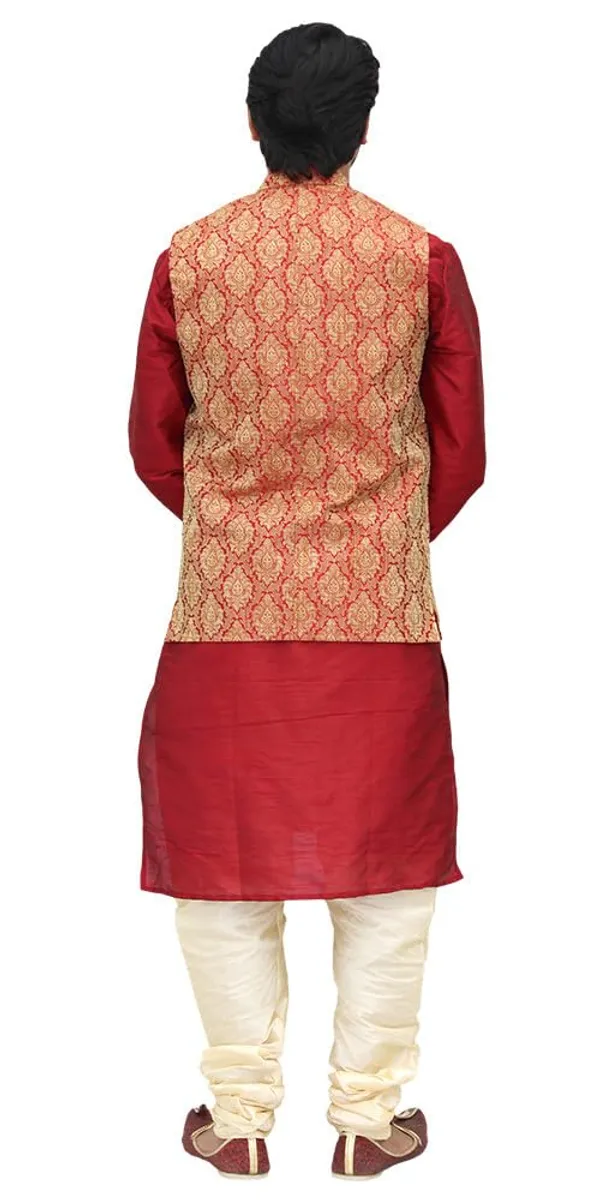 Red_&_Maroon_Dupion_Silk_Casual_Kurta_Pajama_with__Jacket_For_Men