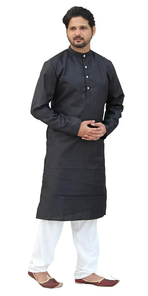 Black_Cotton_Casual__Kurta_&_Pajama__Set_For_Men