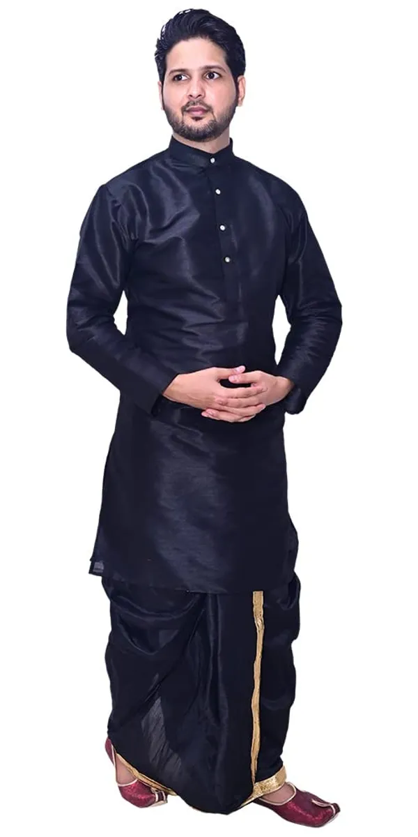 Black_Dupion_Silk_Fancy_Dhoti_Kurta_Set_For_Men