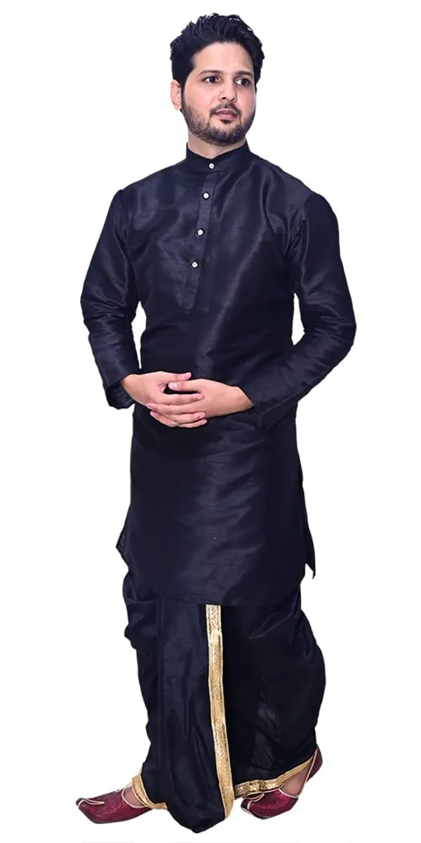 Black_Dupion_Silk_Fancy_Dhoti_Kurta_Set_For_Men