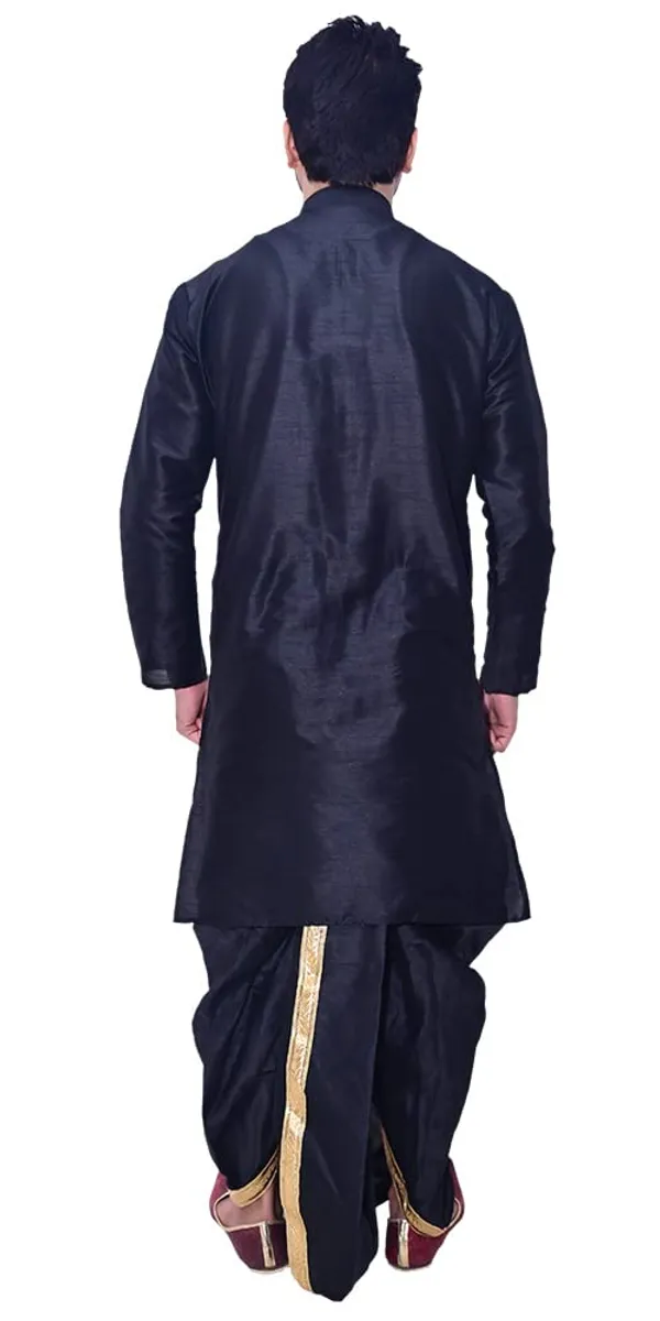 Black_Dupion_Silk_Fancy_Dhoti_Kurta_Set_For_Men