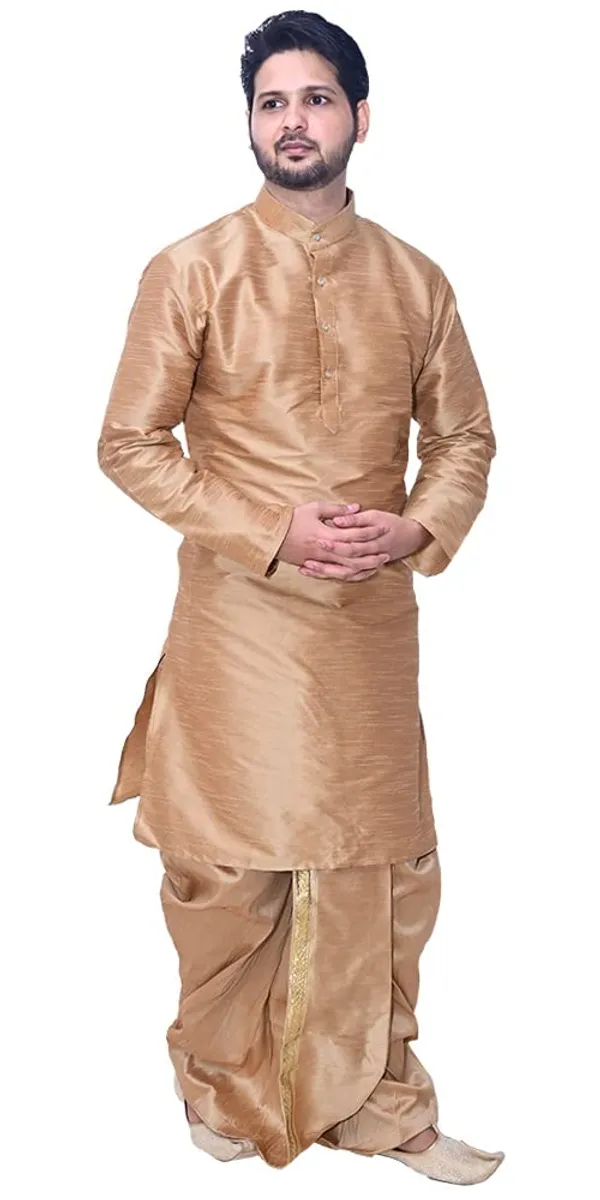Brown_Dupion_Silk_Fancy_Dhoti_Kurta_Set_For_Men