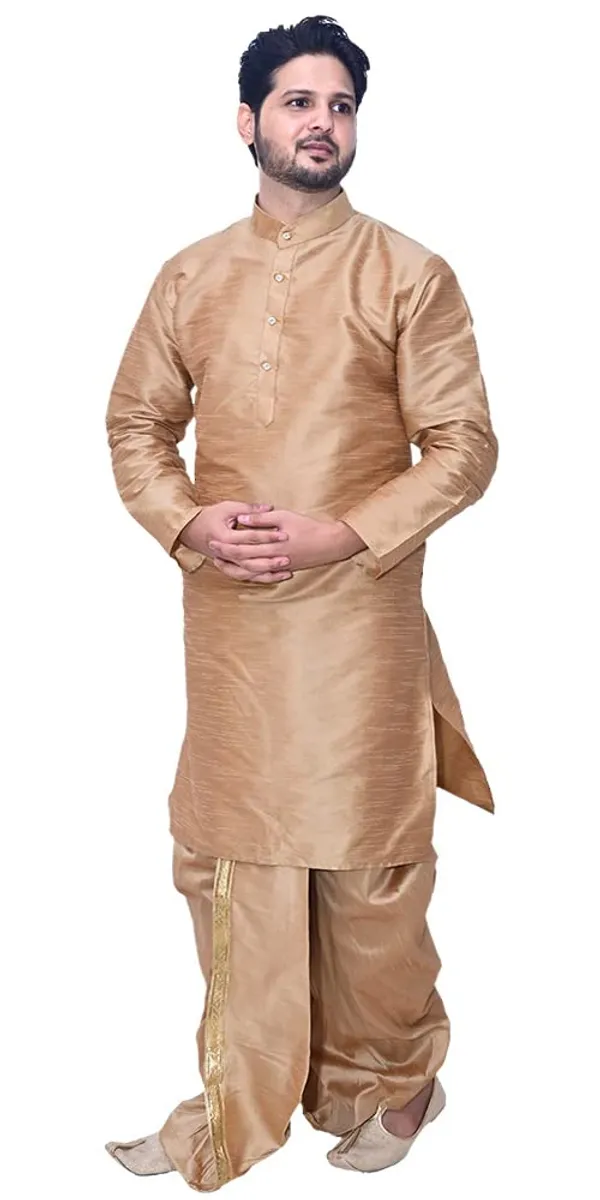 Brown_Dupion_Silk_Fancy_Dhoti_Kurta_Set_For_Men