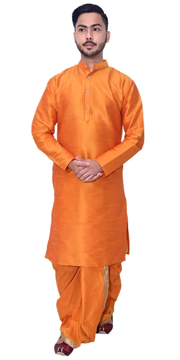 Dark_Orange_Dupion_Silk_Fancy_Dhoti_Kurta_Set_For_Men