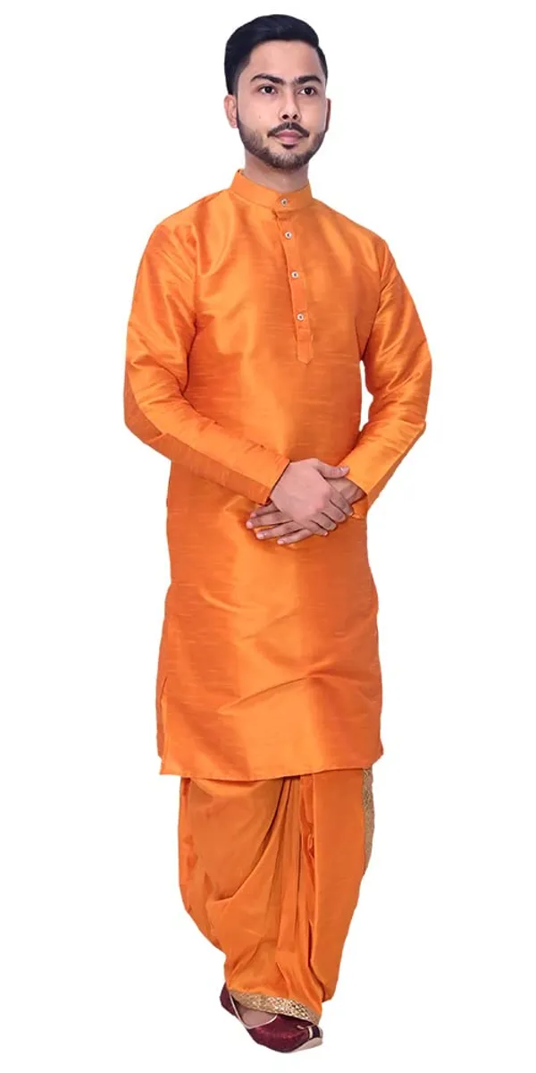 Dark_Orange_Dupion_Silk_Fancy_Dhoti_Kurta_Set_For_Men