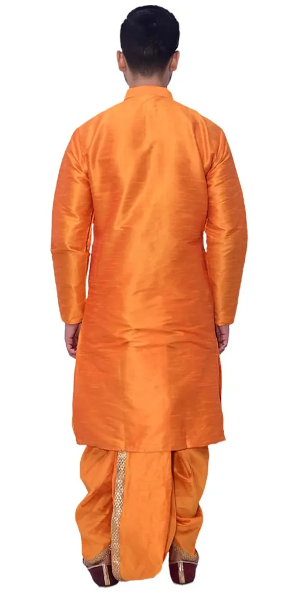 Dark_Orange_Dupion_Silk_Fancy_Dhoti_Kurta_Set_For_Men
