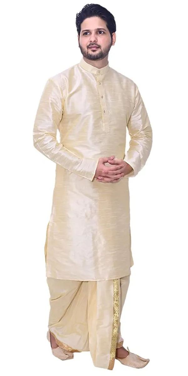 Golden_Dupion_Silk_Fancy_Dhoti_Kurta_Set_For_Men