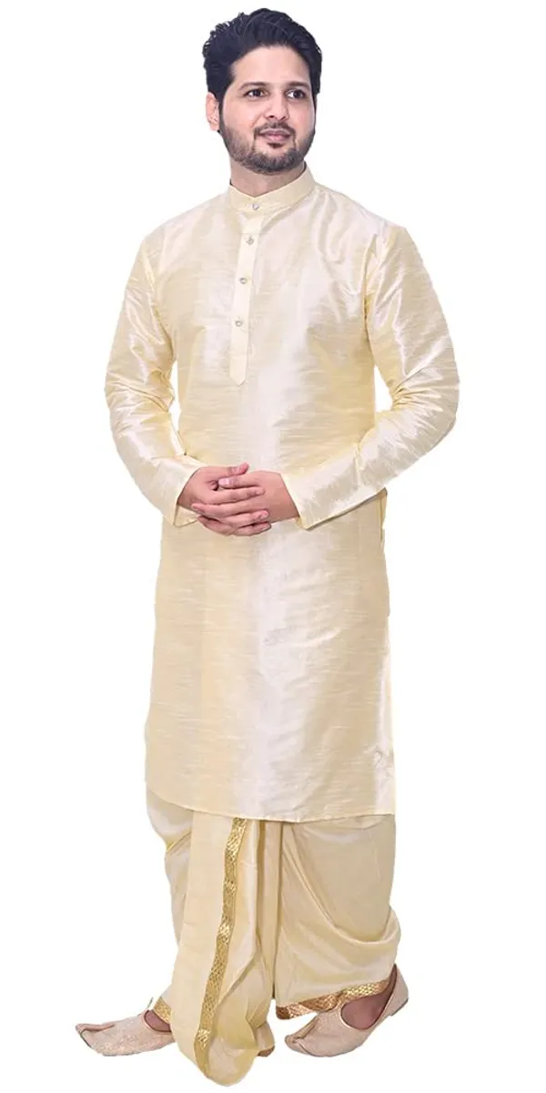 Golden_Dupion_Silk_Fancy_Dhoti_Kurta_Set_For_Men