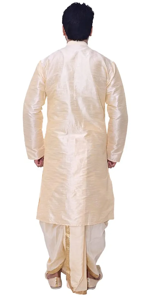 Golden_Dupion_Silk_Fancy_Dhoti_Kurta_Set_For_Men