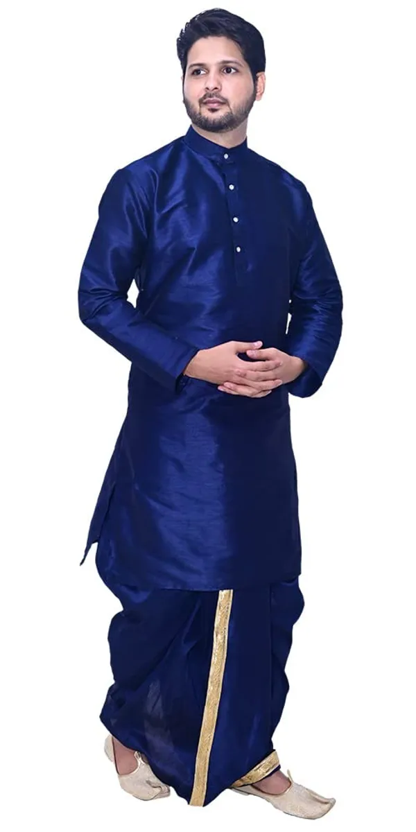 Navy_Blue_Dupion_Silk_Fancy_Dhoti_Kurta_Set_For_Men