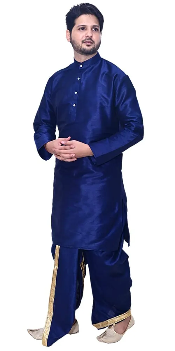 Navy_Blue_Dupion_Silk_Fancy_Dhoti_Kurta_Set_For_Men
