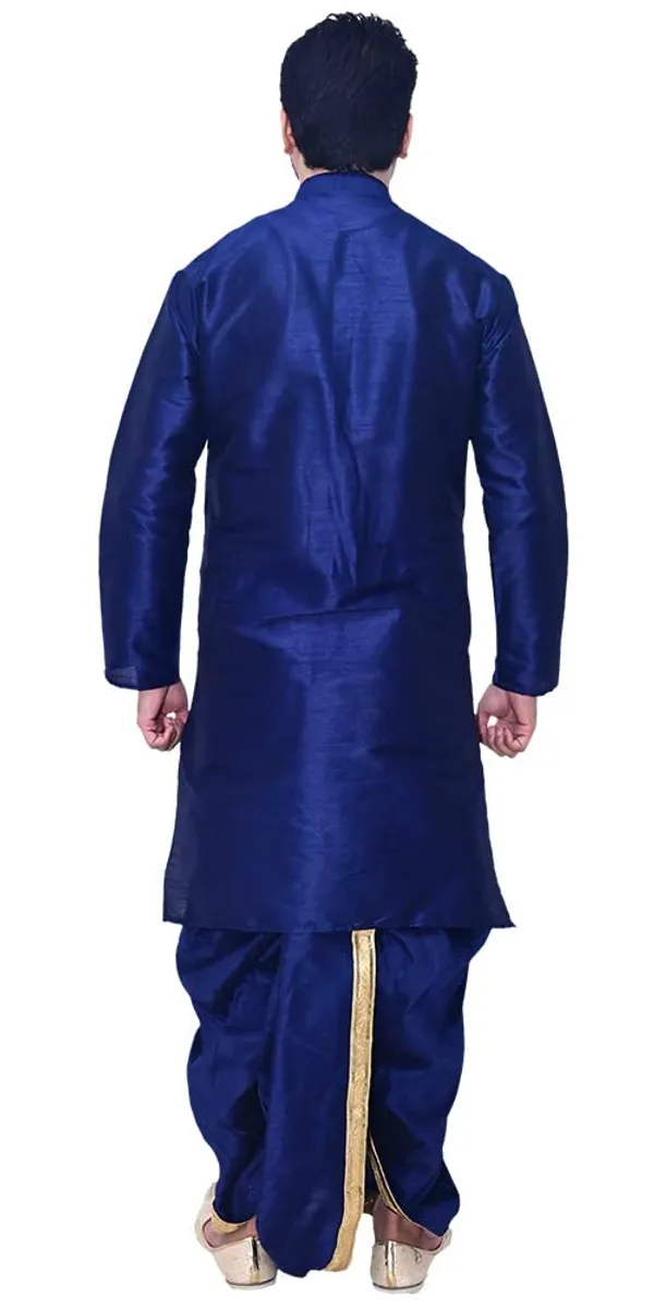Navy_Blue_Dupion_Silk_Fancy_Dhoti_Kurta_Set_For_Men