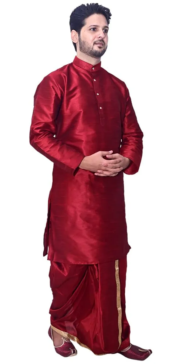 Red_Dupion_Silk_Fancy_Dhoti_Kurta_Set_For_Men