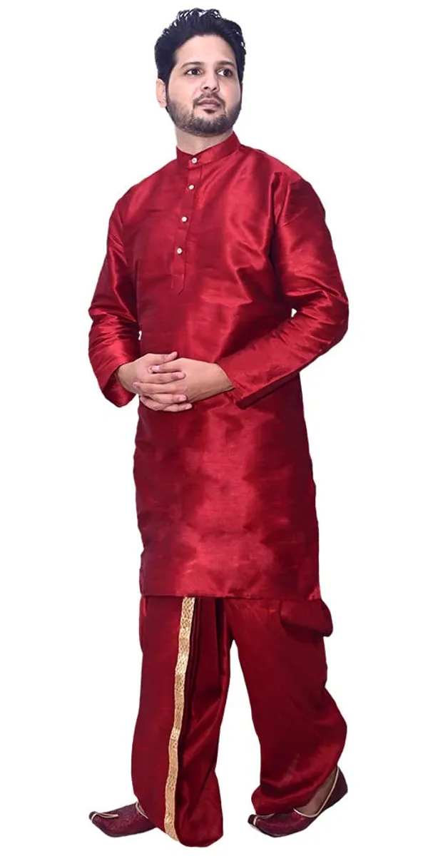 Red_Dupion_Silk_Fancy_Dhoti_Kurta_Set_For_Men