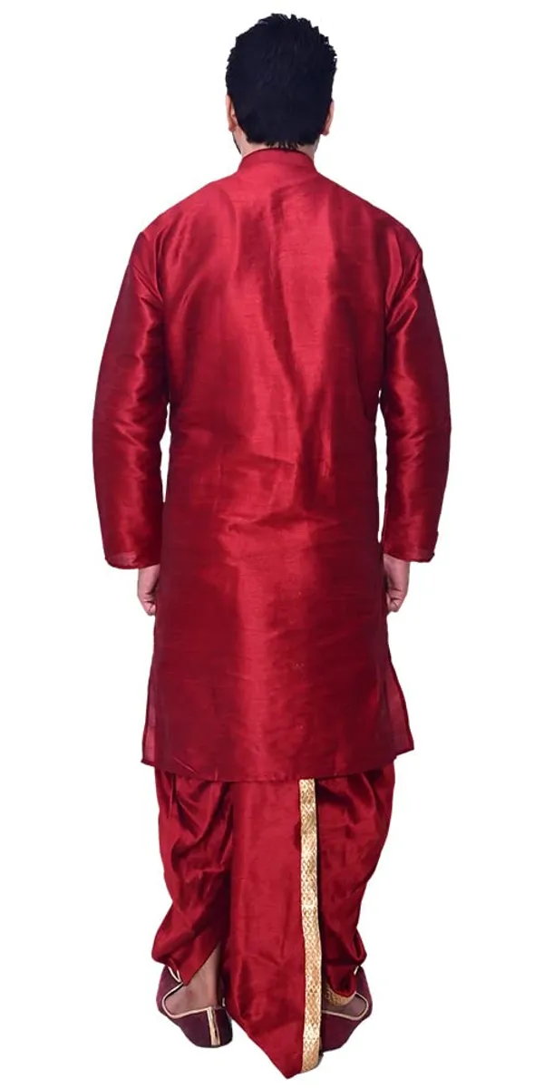 Red_Dupion_Silk_Fancy_Dhoti_Kurta_Set_For_Men