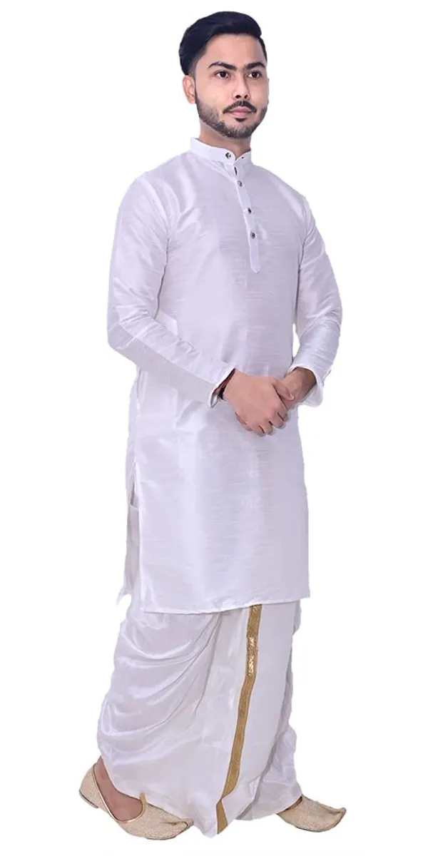 White_Dupion_Silk_Fancy_Dhoti_Kurta_Set_For_Men