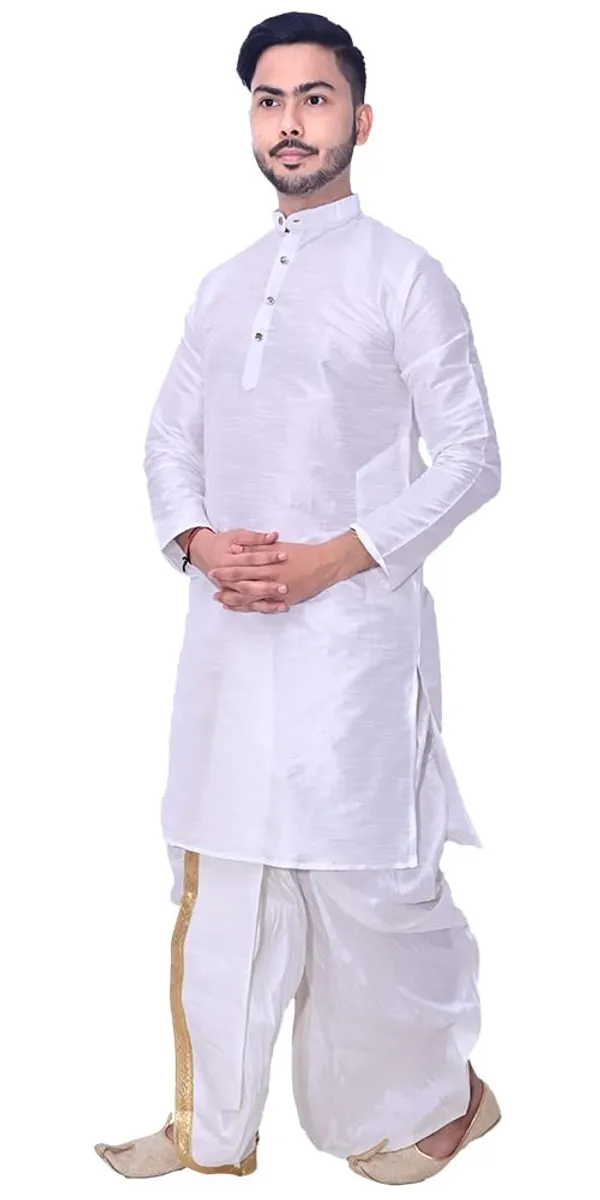 White_Dupion_Silk_Fancy_Dhoti_Kurta_Set_For_Men