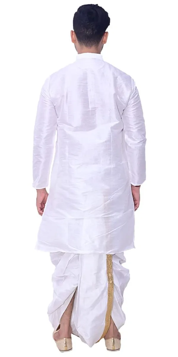 White_Dupion_Silk_Fancy_Dhoti_Kurta_Set_For_Men
