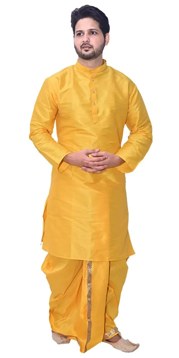 Yellow_Dupion_Silk_Fancy_Dhoti_Kurta_Set_For_Men