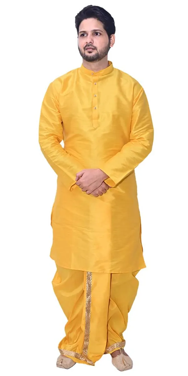 Yellow_Dupion_Silk_Fancy_Dhoti_Kurta_Set_For_Men