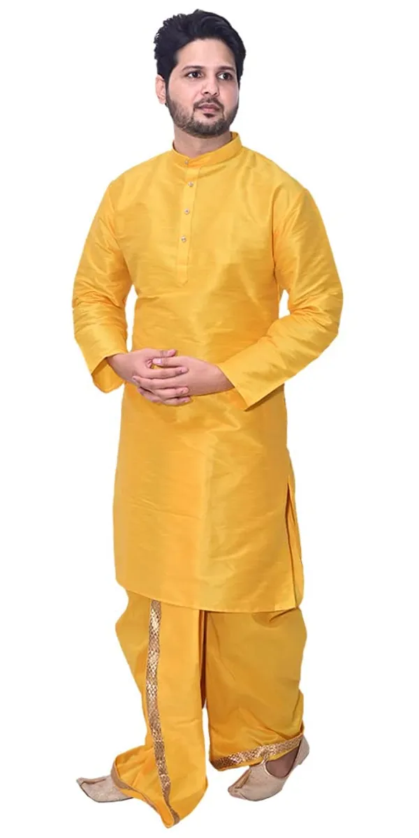 Yellow_Dupion_Silk_Fancy_Dhoti_Kurta_Set_For_Men