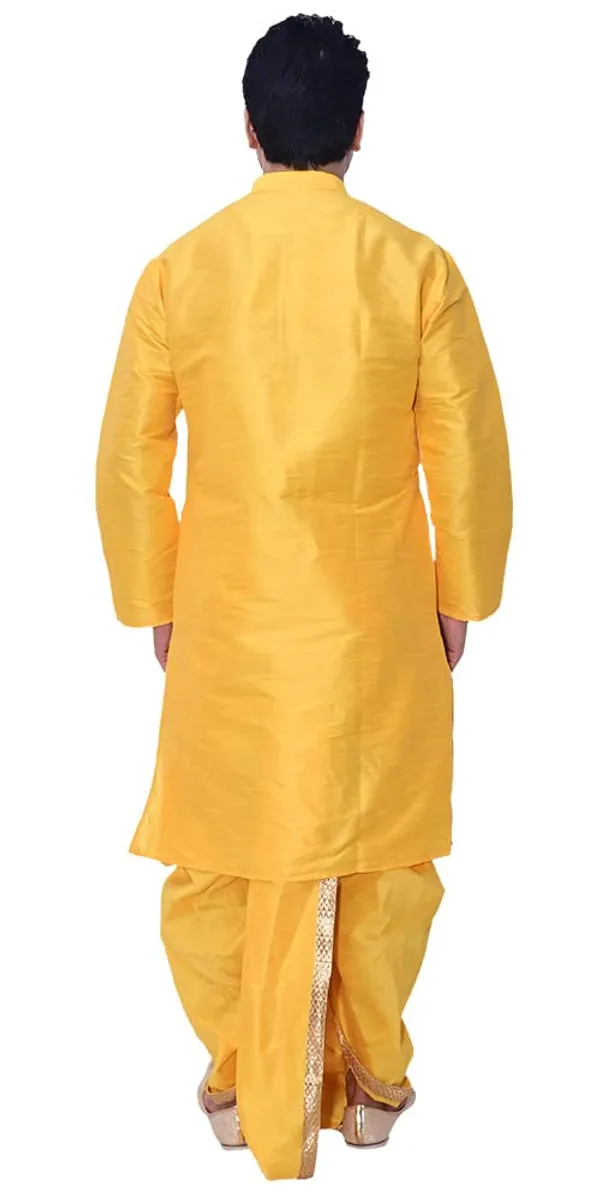 Yellow_Dupion_Silk_Fancy_Dhoti_Kurta_Set_For_Men