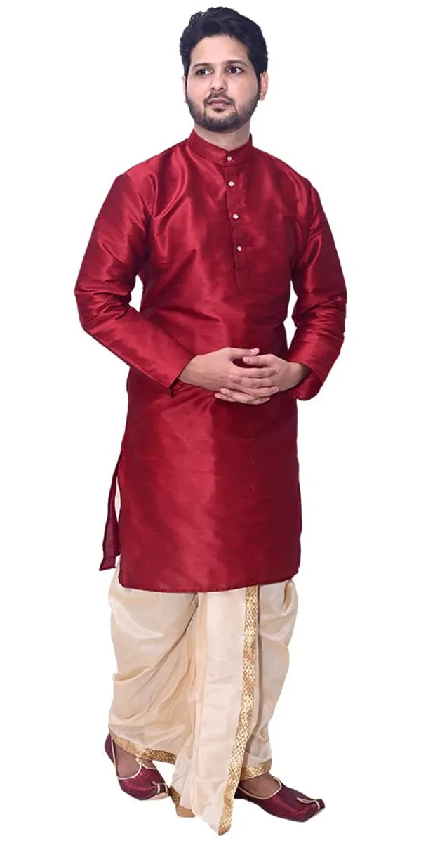 Dupion_Silk_Fancy_Red_Kurta__Golden_Dhoti_Set_For_Men