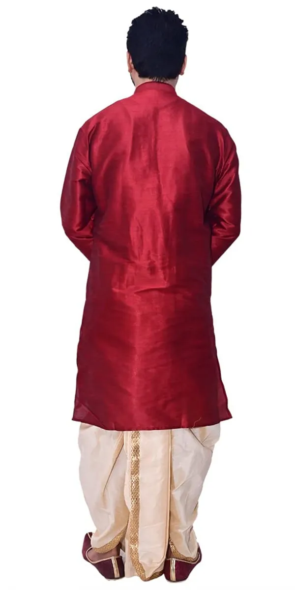 Dupion_Silk_Fancy_Red_Kurta__Golden_Dhoti_Set_For_Men