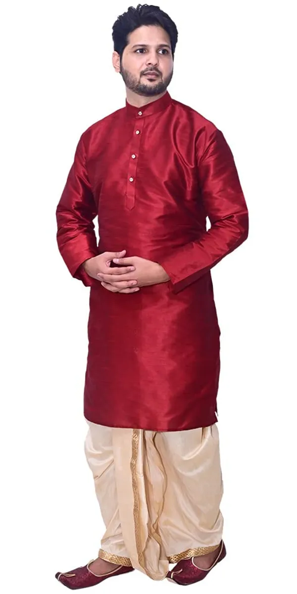 Dupion_Silk_Fancy_Red_Kurta__Golden_Dhoti_Set_For_Men