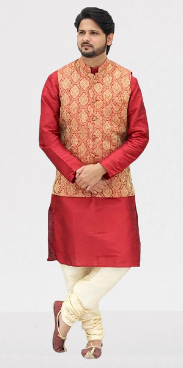 Red_&_Maroon_Dupion_Silk_Casual_Kurta_Pajama_with__Jacket_For_Men