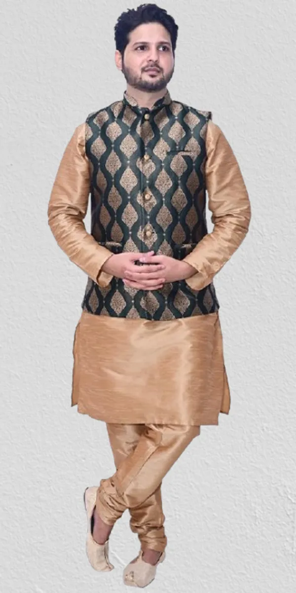 Brown__&__Dark_Green_Dupion_Silk_Casual_Kurta_Pajama_Dark_Green_Jacket_For_Men