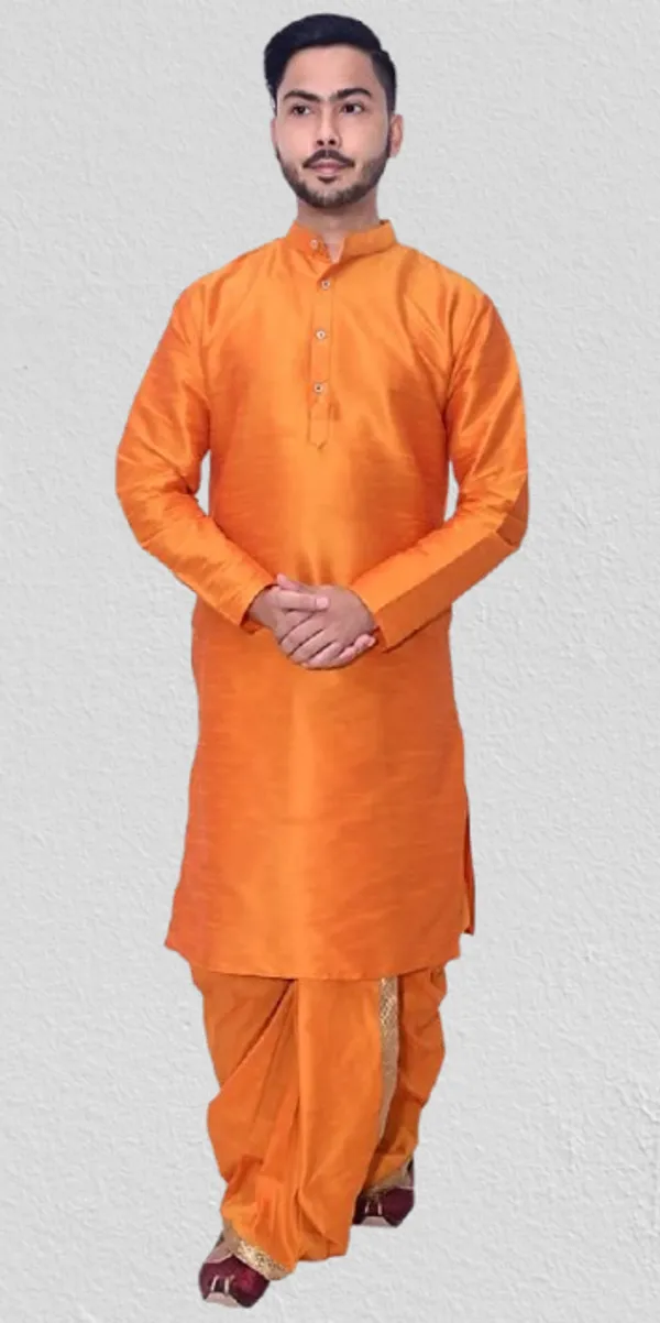 Dark_Orange_Dupion_Silk_Fancy_Dhoti_Kurta_Set_For_Men