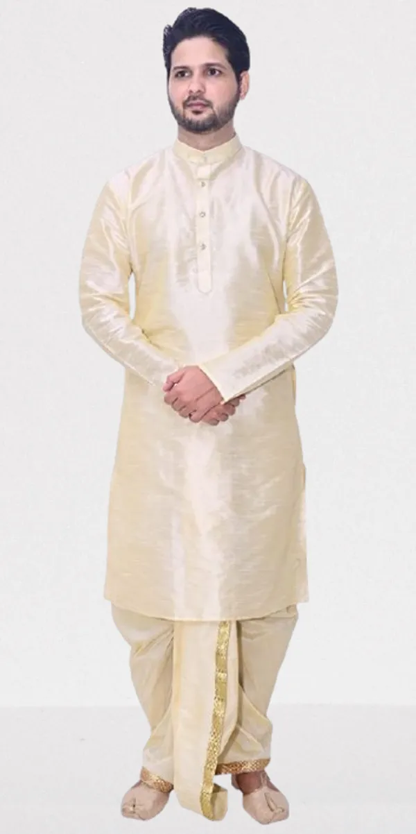 Golden_Dupion_Silk_Fancy_Dhoti_Kurta_Set_For_Men