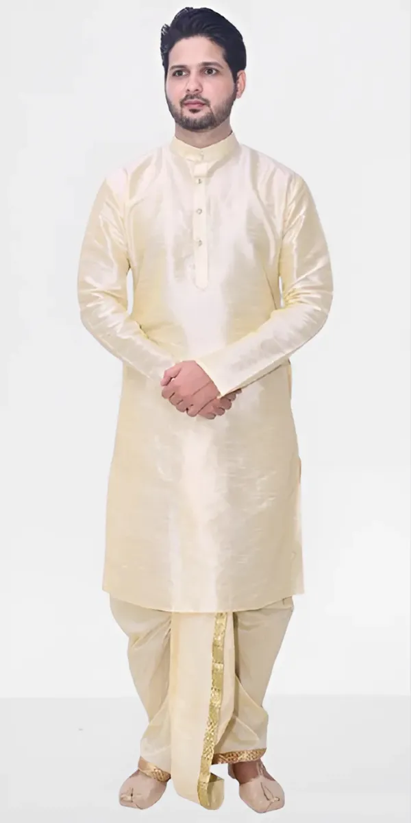 Golden_Dupion_Silk_Fancy_Dhoti_Kurta_Set_For_Men