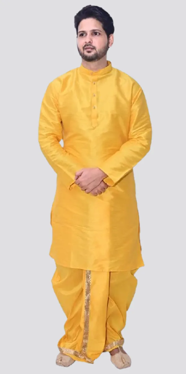 Yellow_Dupion_Silk_Fancy_Dhoti_Kurta_Set_For_Men