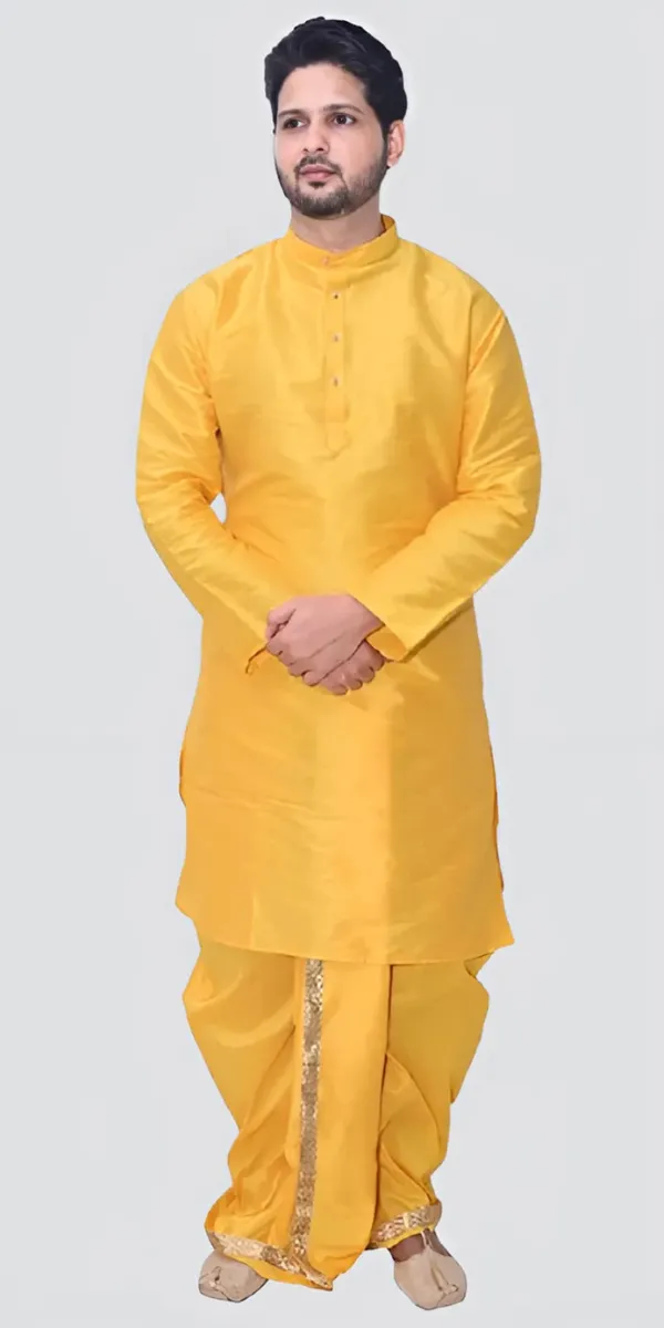Yellow_Dupion_Silk_Fancy_Dhoti_Kurta_Set_For_Men