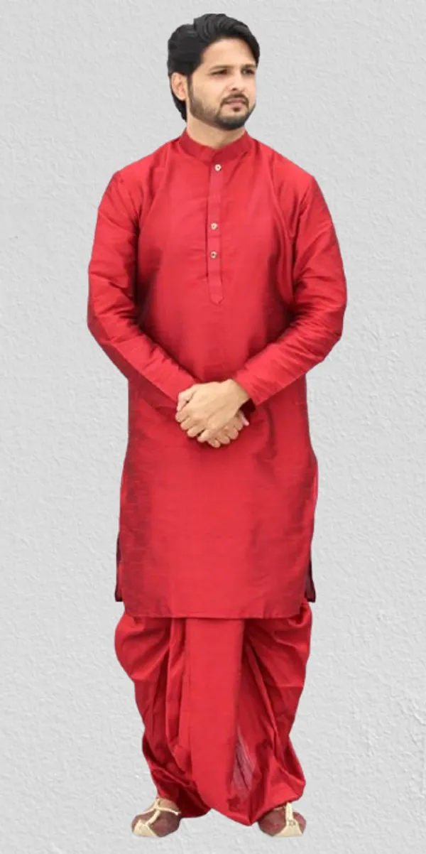 Red_Dupion_Silk_Casual_Dhoti_Kurta_Set_For_Men