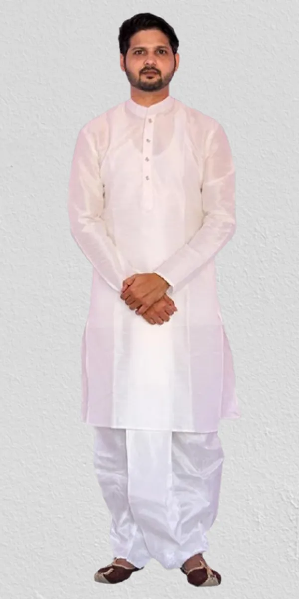 White_Dupion_Silk_Casual_Dhoti_Kurta_Set_For_Men