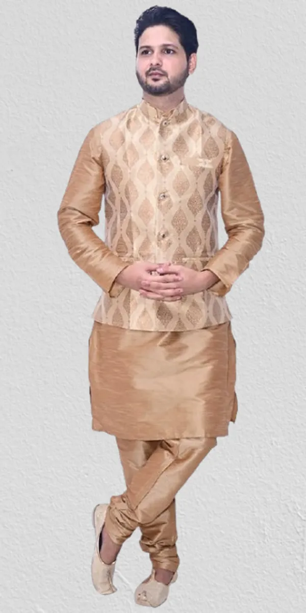 Brown__&__Golden_Dupion_Silk_Casual_Kurta_Pajama___Jacket_For_Men