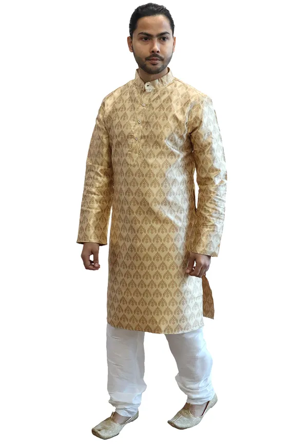 Men's_Cotton_Jacquard_Brocade_Golden_Kurta_White_Churidar_Pajama_Set