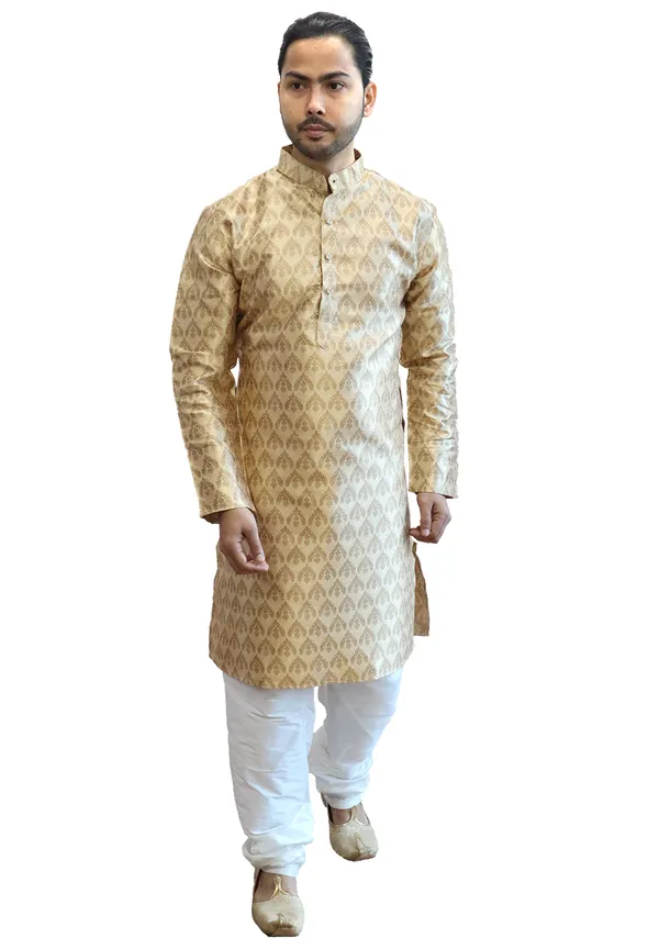 Men's_Cotton_Jacquard_Brocade_Golden_Kurta_White_Churidar_Pajama_Set