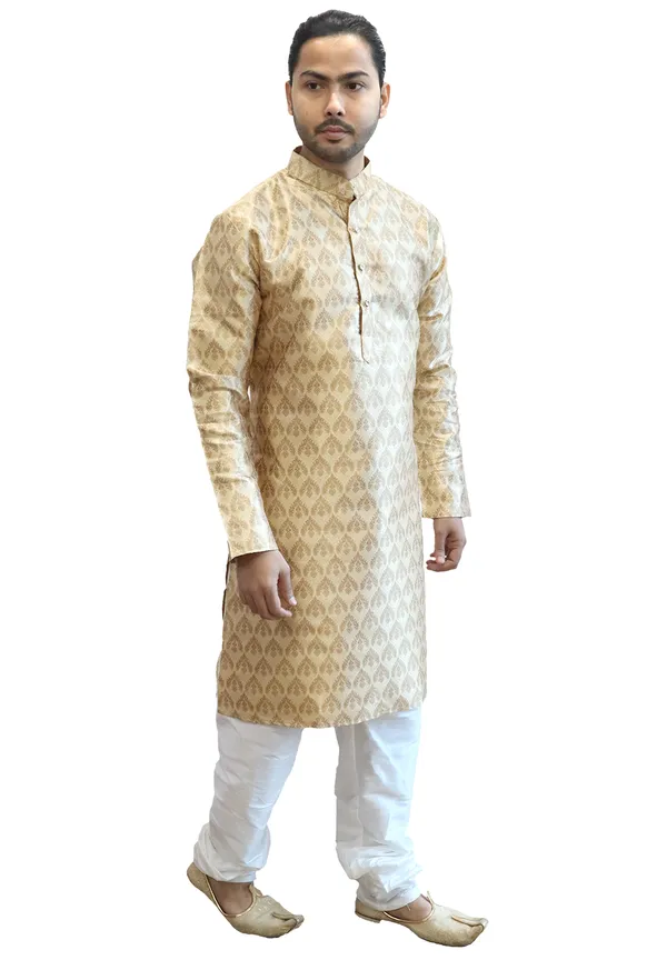 Men's_Cotton_Jacquard_Brocade_Golden_Kurta_White_Churidar_Pajama_Set
