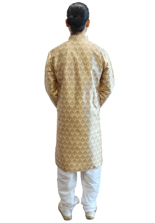 Men's_Cotton_Jacquard_Brocade_Golden_Kurta_White_Churidar_Pajama_Set