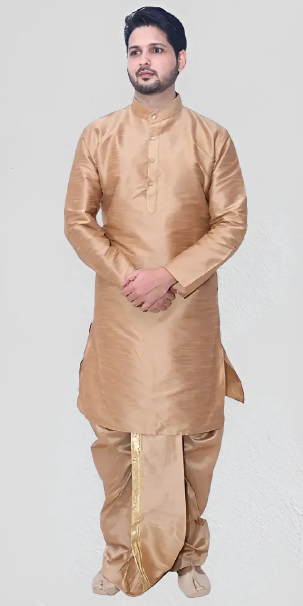 Brown_Dupion_Silk_Fancy_Dhoti_Kurta_Set_For_Men