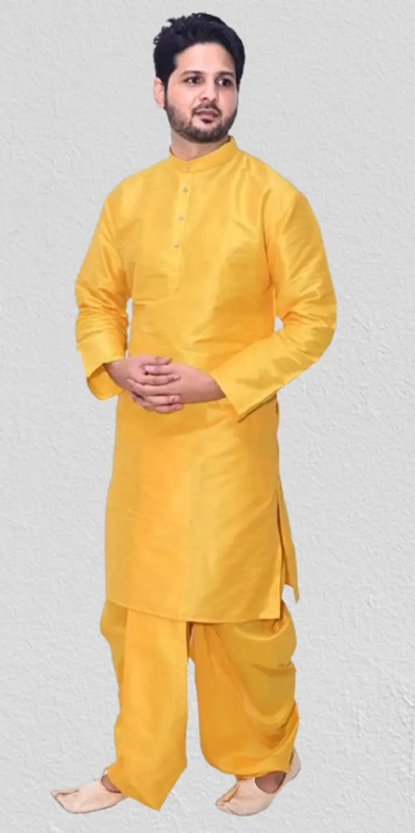 Yellow_Dupion_Silk_Casual_Dhoti_Kurta_Set_For_Men