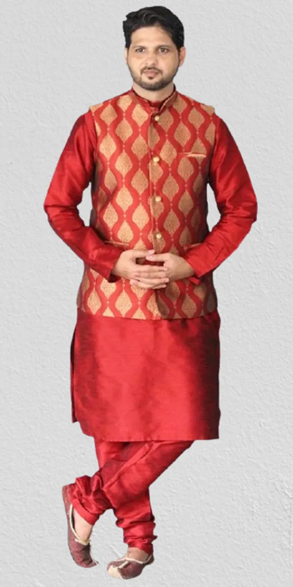 Red__&__Maroon_Dupion_Silk_Casual_Kurta_Pajama_&_Jacket_For_Men