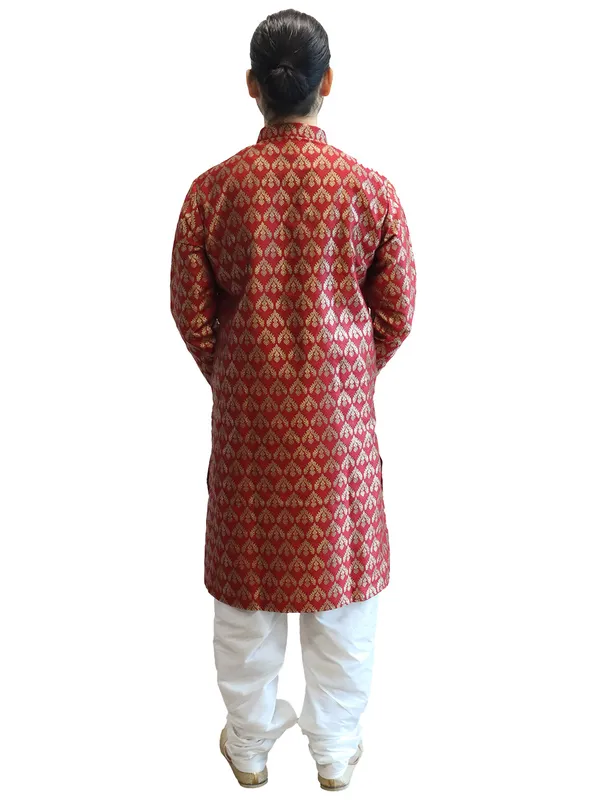 Men's_Cotton_Jacquard_Brocade_Maroon_Kurta_White_Churidar_Pajama_Set