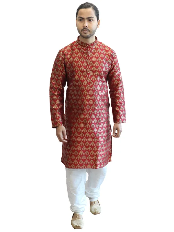 Men's_Cotton_Jacquard_Brocade_Maroon_Kurta_White_Churidar_Pajama_Set